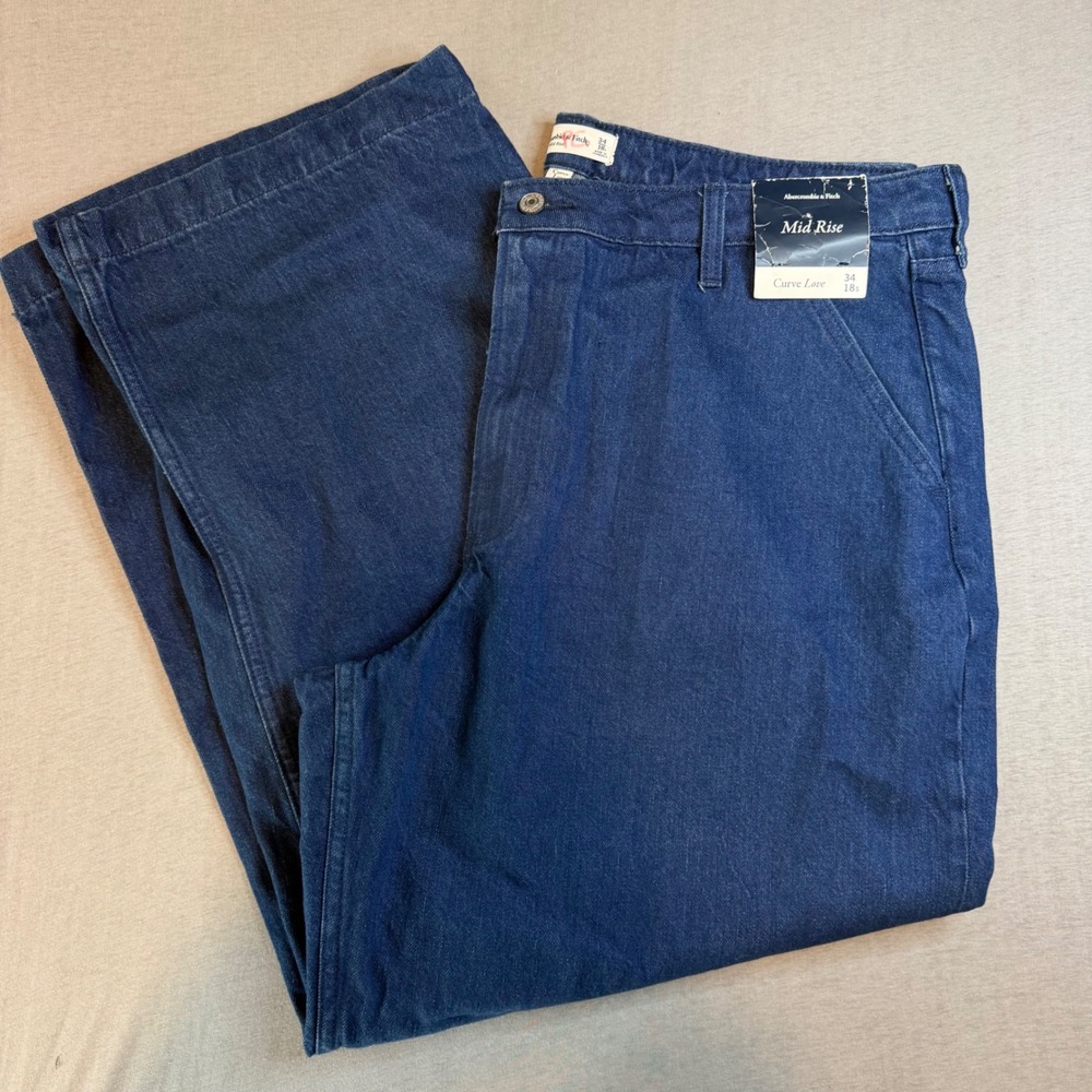 Abercrombie & Fitch Curve Love Mid Rise Wide Leg Jeans Blue 34 18s Short NEW
